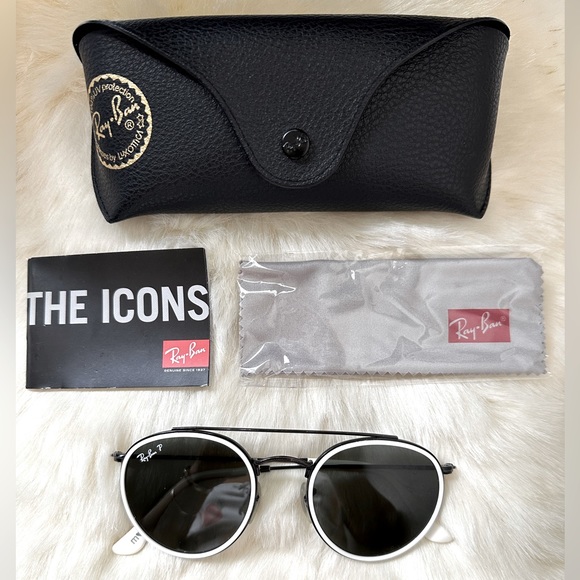 Ray Ban Round Double Bridge Customized Sunglasses | Black Frames White Trim - Picture 12 of 13